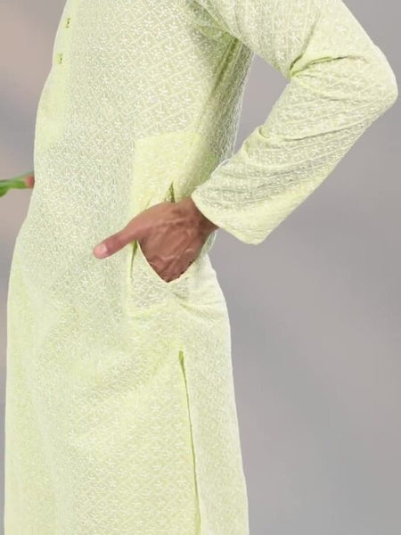 Men Green & White Ethnic Motifs Embroidered Thread Work Kurta
