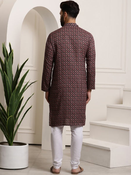 Men Black Ethnic Motifs Printed Pure Cotton Kurta with Churidar
