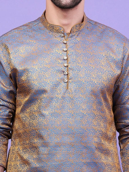 Blue Ethnic Motifs Woven Design Mandarin Collar Straight Kurta with Patiala