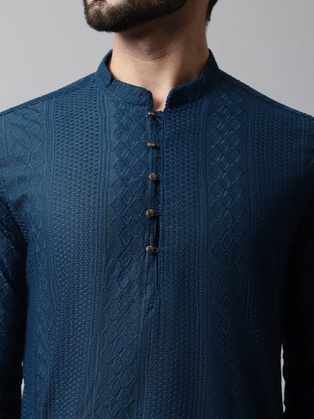 Men Navy Blue Embroidered Pure Cotton Kurta