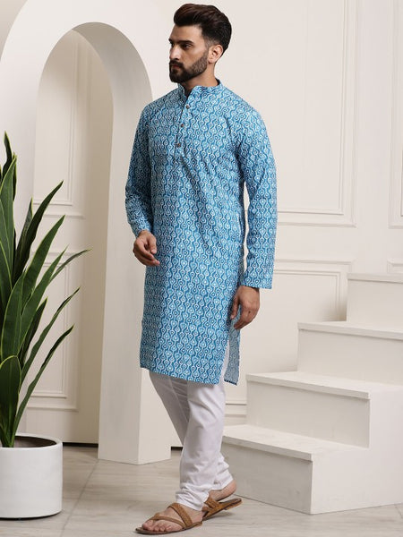 Men Turquoise Blue Printed Cotton Kurta with Churidar