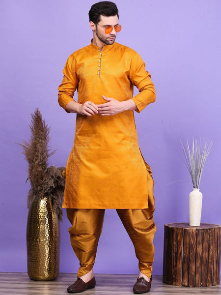 Yellow Ethnic Motifs Woven Design Mandarin Collar Straight Kurta with Patiala