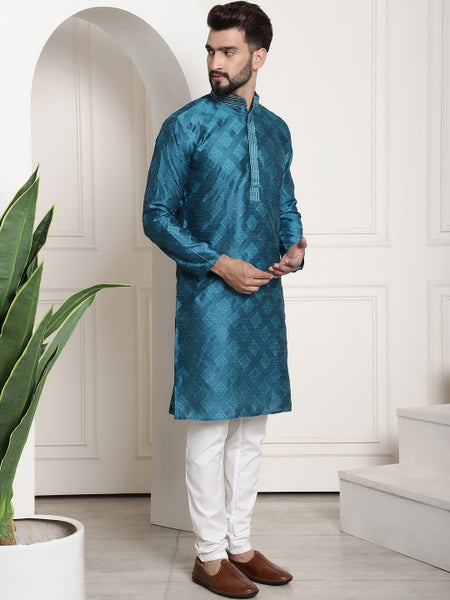 Men Blue Embroidered Jacquard Silk Kurta with Churidar