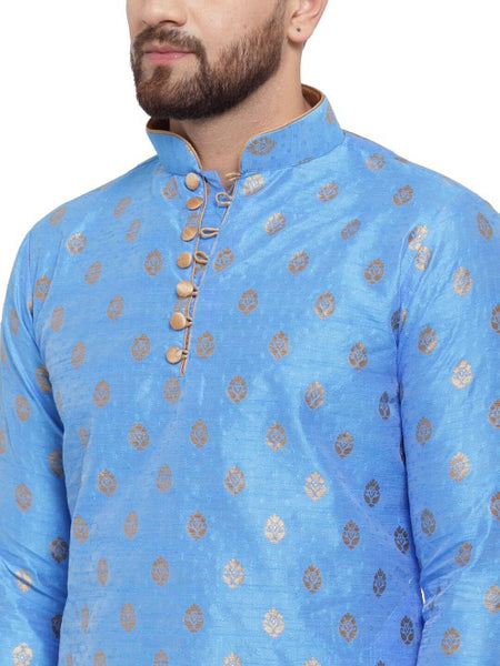 Blue Ethnic Motifs Woven Design Mandarin Collar Kurta with Dhoti Pants