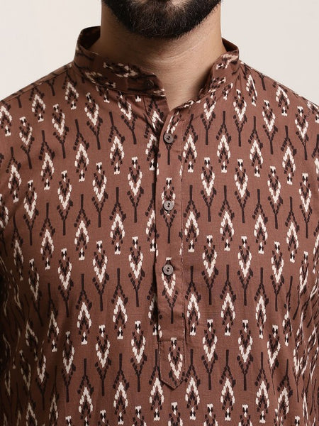 Men Brown Printed Pure Cotton Kurta with Churidar
