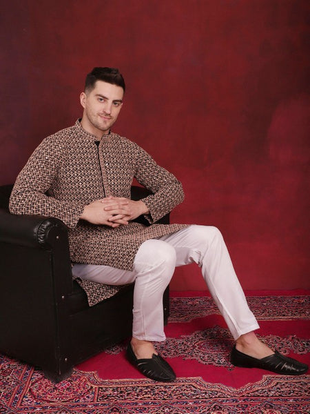 Men Mandarin collar Ethnic Motif Embroidered Thread Work Straight Cotton Kurta