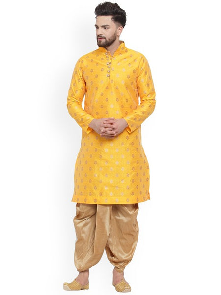 Yellow Ethnic Motifs Woven Design Mandarin Collar Kurta with Dhoti Pants