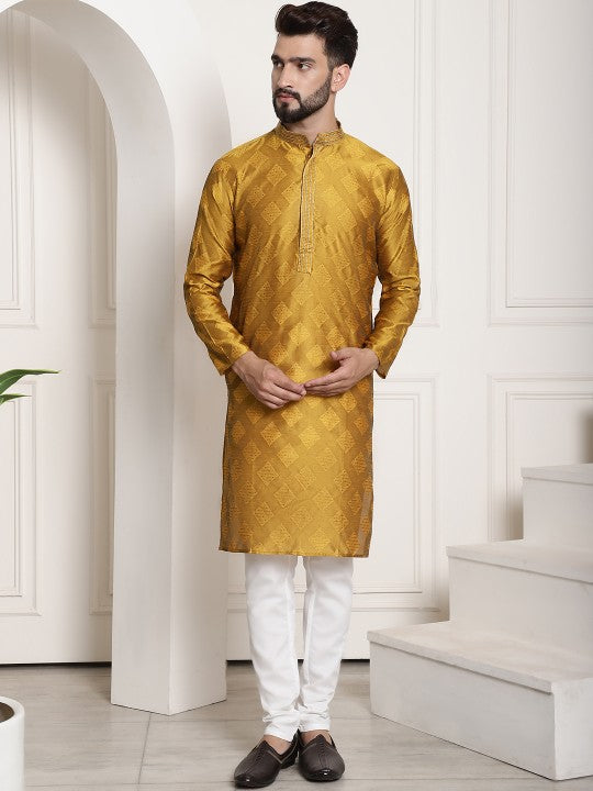 Men Mustard Yellow Ethnic Motifs Thread Work Kurta with Churidar