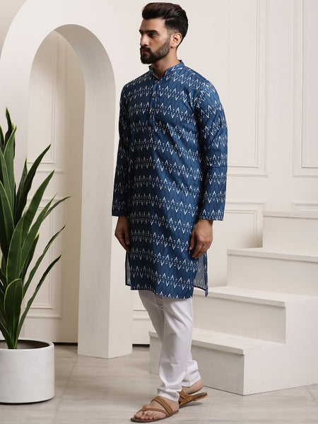 Men Navy Blue Printed Pure Cotton Kurta with Churidar
