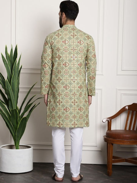 Green Ethnic Motifs Printed Band Collar Straight Kurta With Churidar