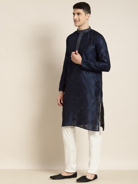 Men Navy Blue Ethnic Motifs Thread Work Kurta with Churidar