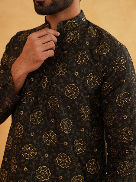 Black Paisley Printed Mandarin Collar Kurta With Churidar