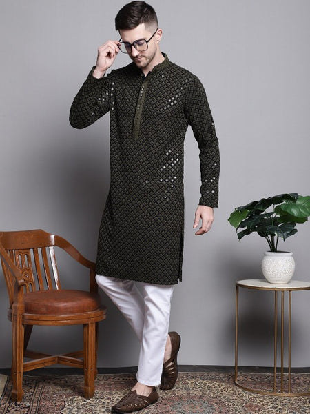 Mandarin collar Ethnic Motif Embroidered Thread Work Straight Cotton Kurta