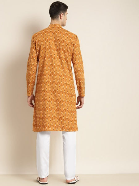 Men Mustard Yellow Ethnic Motifs Printed Pure Cotton Kurta with Churidar