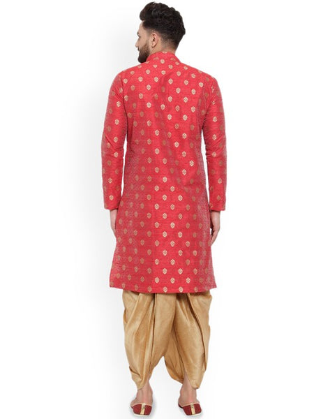 Red Ethnic Motifs Woven Design Mandarin Collar Kurta with Dhoti Pants