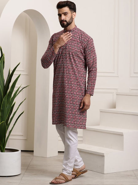 Men Brown Printed Cotton Kurta with Churidar