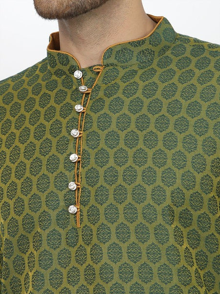 Green Ethnic Motifs Woven Design Mandarin Collar Jacquard Kurta with Dhoti Pants