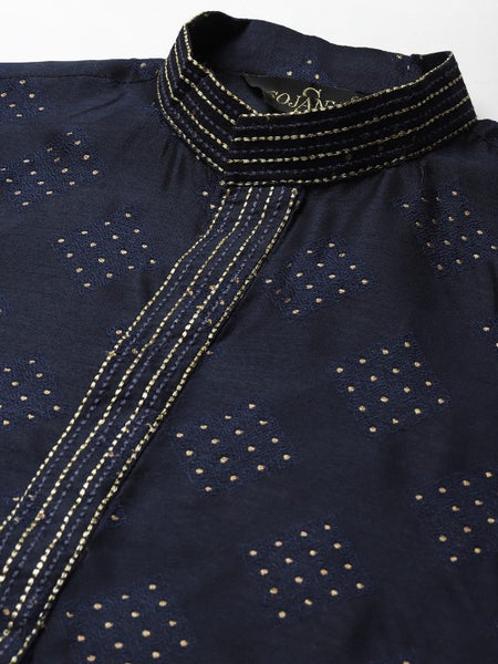 Men Navy Blue Ethnic Motifs Thread Work Kurta with Churidar