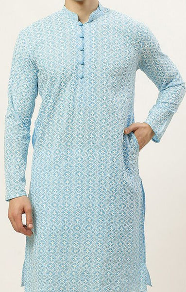 Men Turquoise Blue & White Floral Embroidered Pure Cotton Kurta