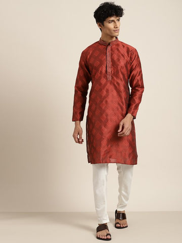 Men Maroon Self Design Kurta with Churidar