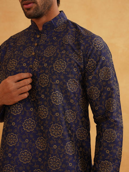 Navy Blue Paisley Printed Mandarin Collar Kurta With Churidar
