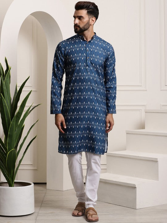 Men Navy Blue Printed Pure Cotton Kurta with Churidar