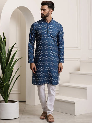 Men Navy Blue Printed Pure Cotton Kurta with Churidar