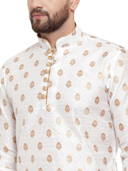 White Ethnic Motifs Woven Design Mandarin Collar Kurta with Dhoti Pants