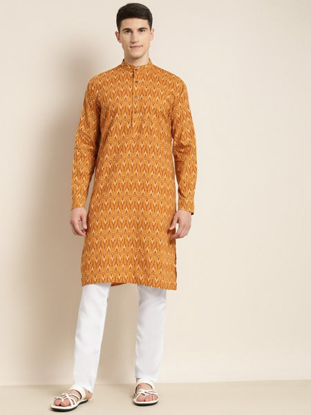 Men Mustard Yellow Ethnic Motifs Printed Pure Cotton Kurta with Churidar