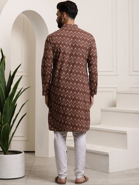 Men Brown Printed Pure Cotton Kurta with Churidar