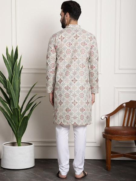 Ethnic Motifs Printed Band Collar Straight Kurta With Churidar