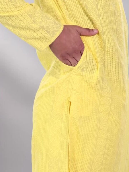 Men Yellow Embroidered Pure Cotton Kurta