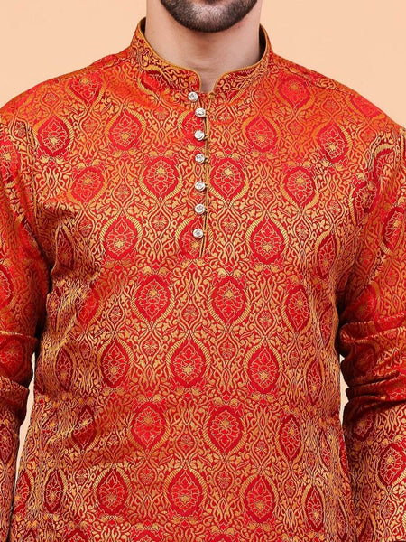 Red Ethnic Motifs Woven Design Regular Zari Kurta With Dhoti Pants