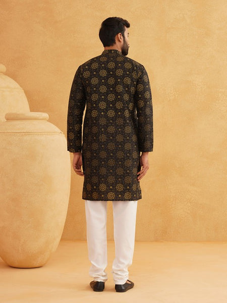 Black Paisley Printed Mandarin Collar Kurta With Churidar