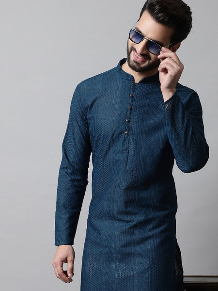 Men Navy Blue Embroidered Pure Cotton Kurta