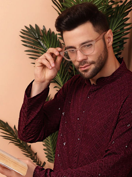 Maroon Ethnic Motifs Embroidered Sequinned Mandarin Collar Straight Kurta
