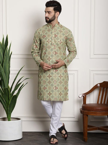 Green Ethnic Motifs Printed Band Collar Straight Kurta With Churidar