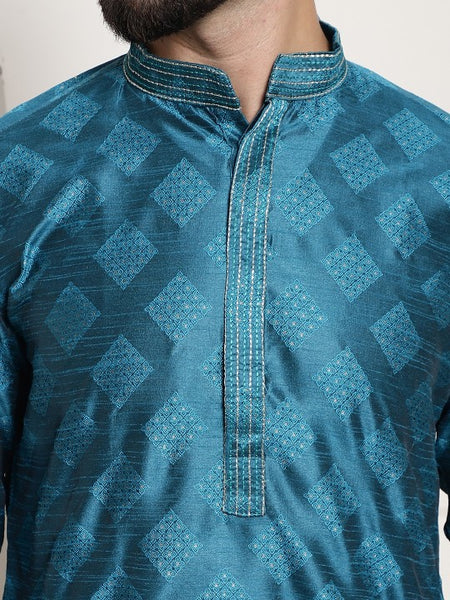 Men Blue Embroidered Jacquard Silk Kurta with Churidar