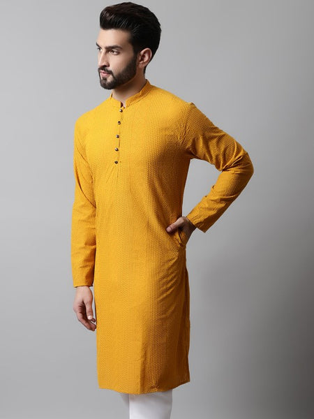 Men Mustard Yellow Embroidered Pure Cotton Kurta