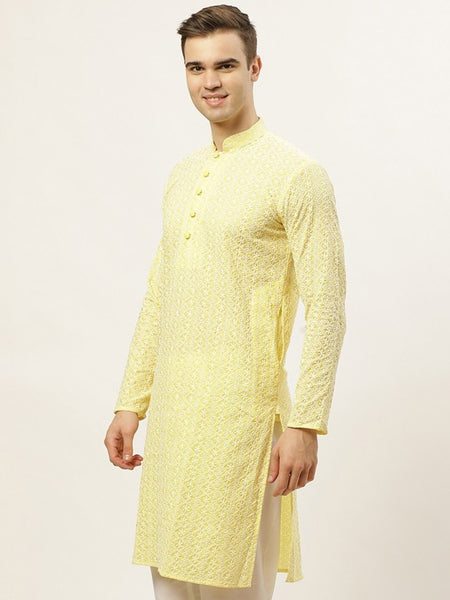 Men Yellow Thread Work Embroidered Chikankari Pure Cotton Kurta