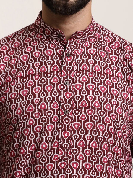 Men Brown Printed Cotton Kurta with Churidar