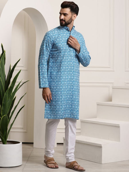 Men Turquoise Blue Printed Cotton Kurta with Churidar