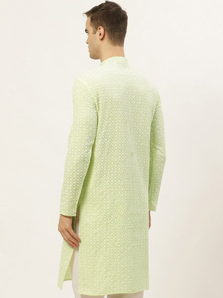 Men Green & White Ethnic Motifs Embroidered Thread Work Kurta