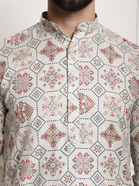 Ethnic Motifs Printed Band Collar Straight Kurta With Churidar