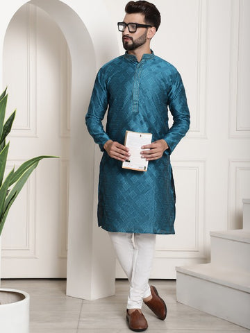 Men Blue Embroidered Jacquard Silk Kurta with Churidar