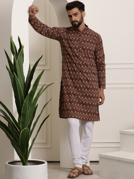Men Brown Printed Pure Cotton Kurta with Churidar