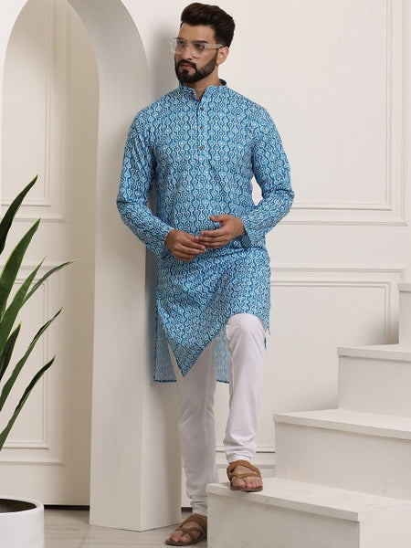 Men Turquoise Blue Printed Cotton Kurta with Churidar