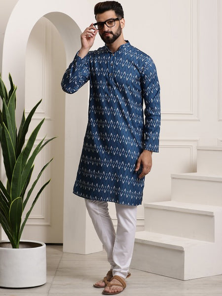 Men Navy Blue Printed Pure Cotton Kurta with Churidar