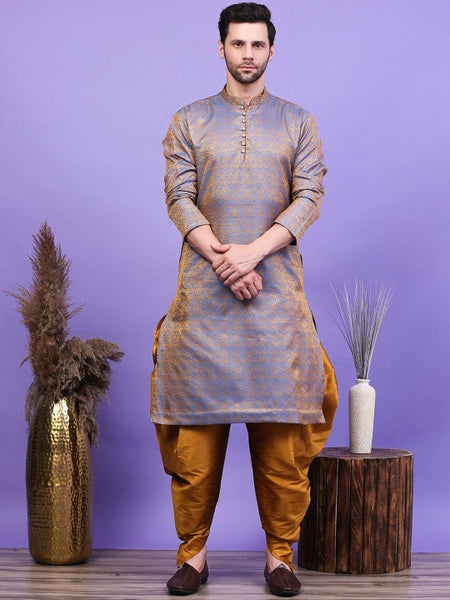 Blue Ethnic Motifs Woven Design Mandarin Collar Straight Kurta with Patiala