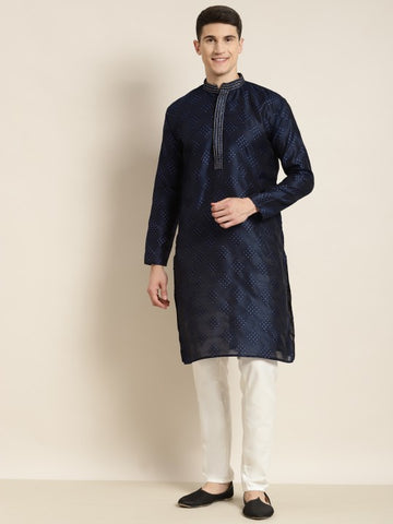 Men Navy Blue Ethnic Motifs Thread Work Kurta with Churidar